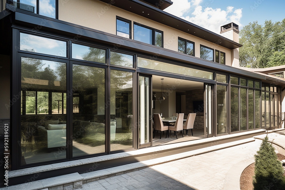 Contemporary Slim Frame Black Aluminum Windows and Doors on Modern home, Generated by AI Contemporary Slim Frame Black Aluminum Windows and Doors on Modern home, Generated by AI