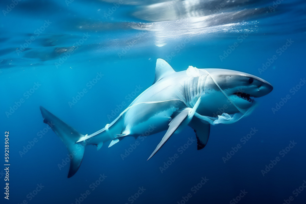 Shark entangled in plastic in the ocean. Environmental problem of plastics. Protection of wildlife. Animals in danger.