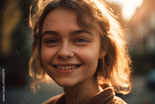 Young Adult European woman smiling, generative ai