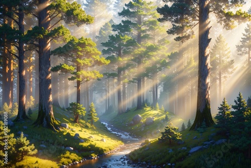 Morning in the forest with fog and sun rays. Nature composition. © Влад Дубовик