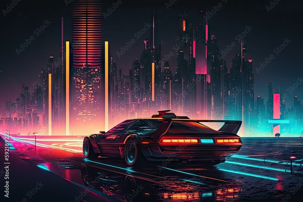 Φωτογραφία neon night city crossing with view of futuristic skyline and flying cars, create