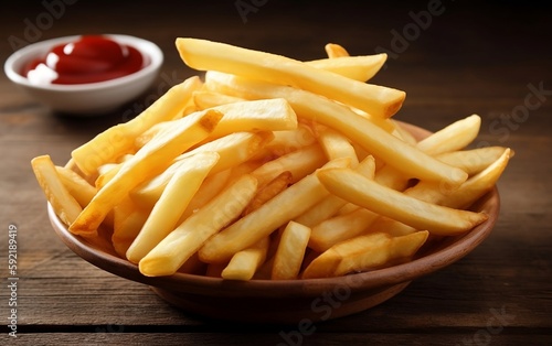 French fries with ketchup on a plate. Generative AI technology.