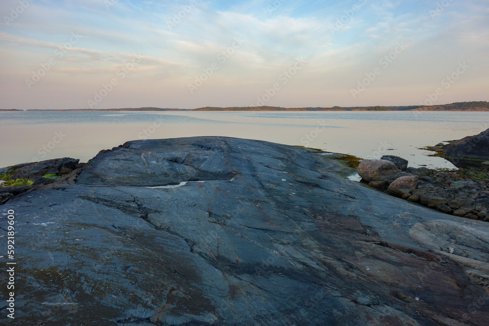 Summer night at 4 a.m. on a rugged yet beautiful island in archipelago in Finland