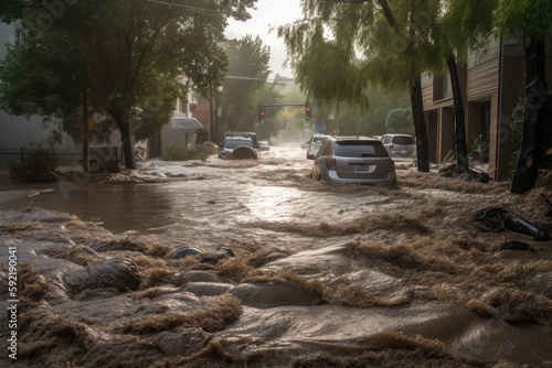 flash flood rushing down the street, carrying debris and causing damage, created with generative ai photo