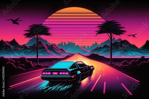 Background illustration Inspired by synthwave, retrowave, and the 80s scene 