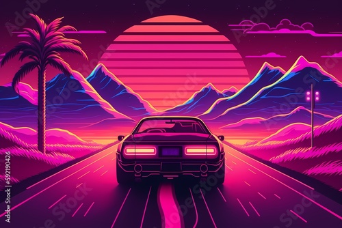 Background illustration Inspired by synthwave, retrowave, and the 80s scene  photo