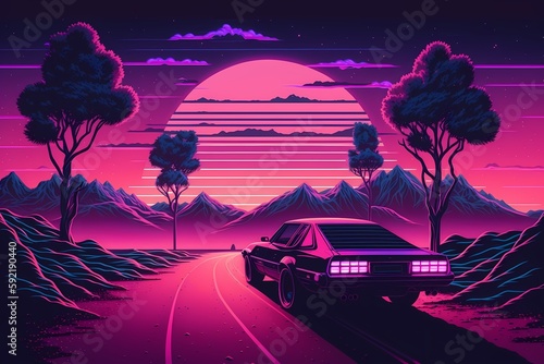 Background illustration Inspired by synthwave, retrowave, and the 80s scene  photo