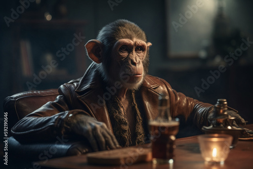 Fashionable monkey in a stylish leather jacket at the bar. Vintage style. ai generated photo
