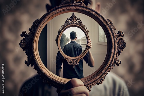 person, holding up mirror to show the hidden side of their personality, created with generative ai