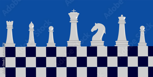 A set of white chess pieces in a row on a chessboard in a trendy style.