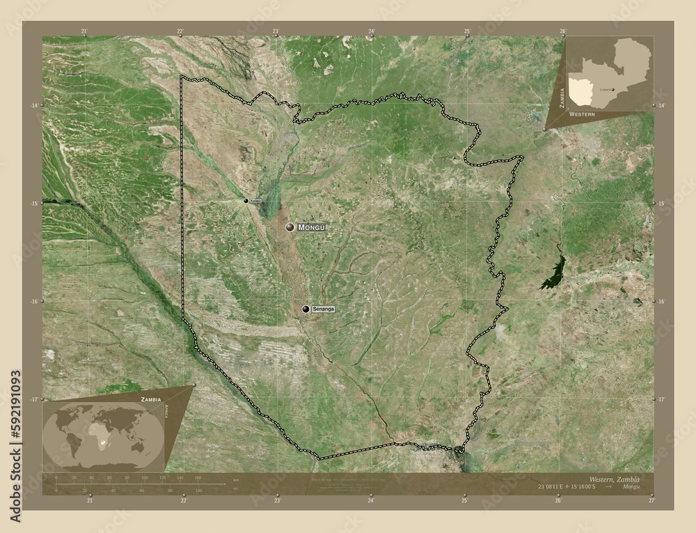 Fototapeta premium Western, Zambia. High-res satellite. Labelled points of cities