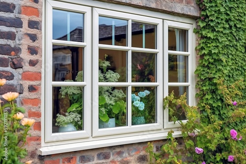 Traditional Cottage Style House with White PVC UPVC Windows Surrounded by a Flourishing Garden photo