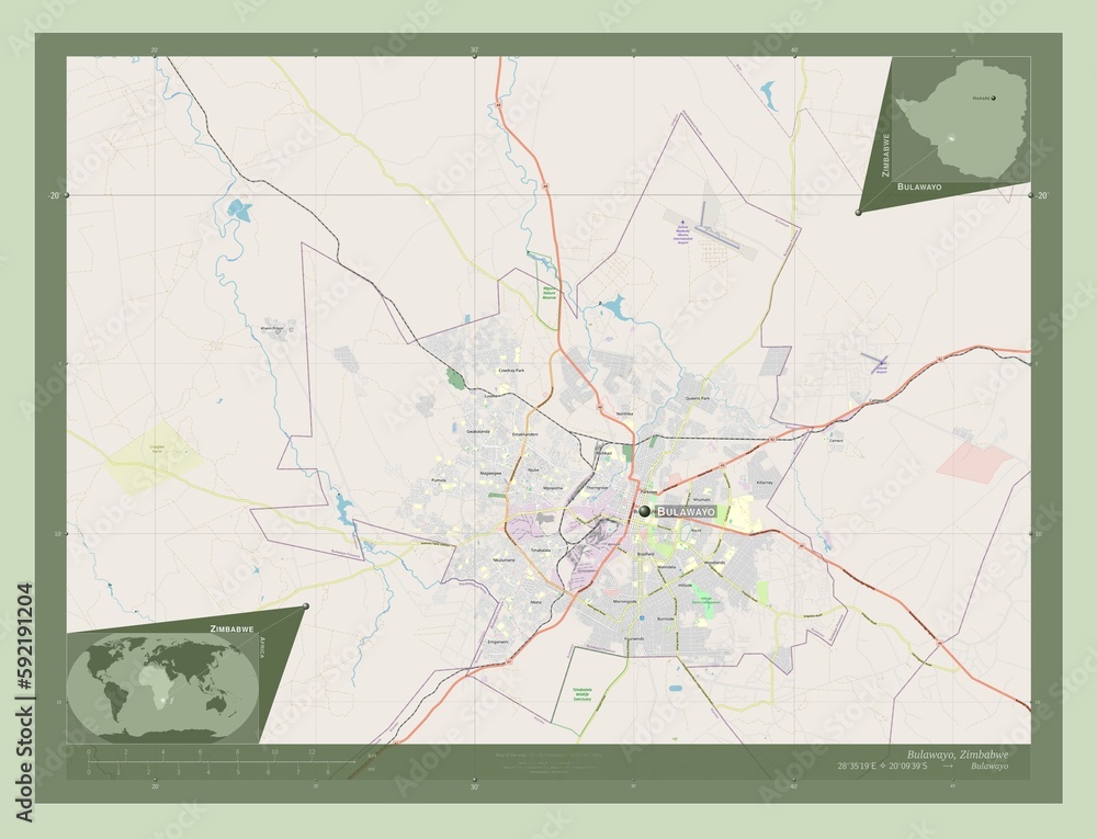 Fototapeta premium Bulawayo, Zimbabwe. OSM. Labelled points of cities