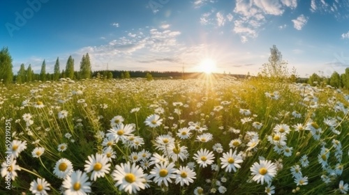 Natural colorful panoramic landscape with many wild flowers of daisies against blue sky. AI generative
