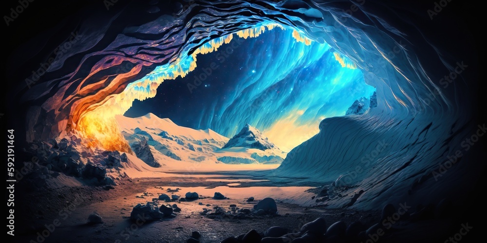fantasy landscape, anime, glacier cave, ice, generative ai, generative, ai
