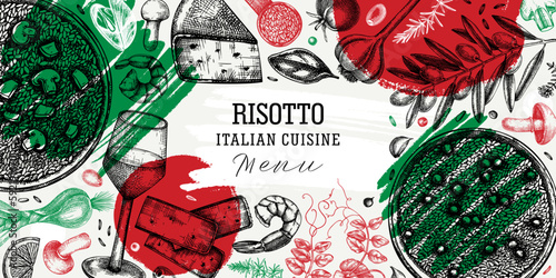  Italian food and drinks vector background. Hand drawn risotto frame in collage style with abstract shapes. Mediterranean cuisine ingredients illustrations. Restaurant menu modern design template.