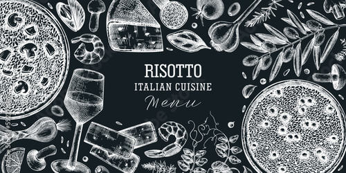  Italian food and drinks vector background on chalkboard. Hand drawn risotto with mushrooms and pea frame. Mediterranean cuisine ingredients illustrations. Restaurant menu modern design template.