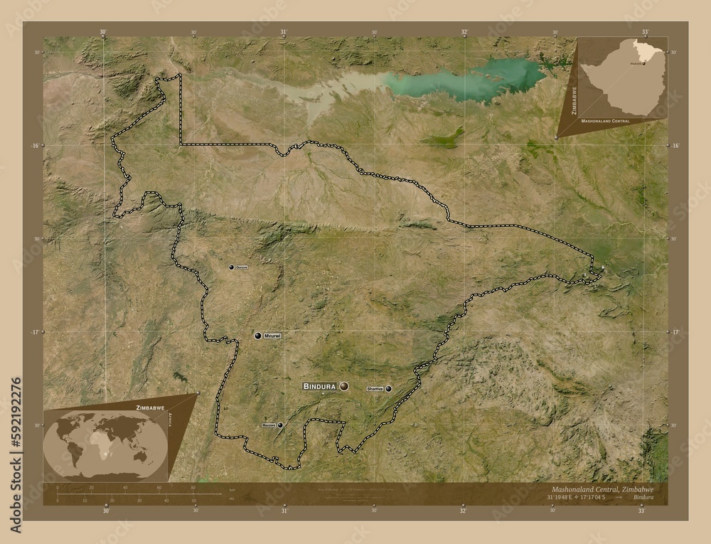 Fototapeta premium Mashonaland Central, Zimbabwe. Low-res satellite. Labelled points of cities