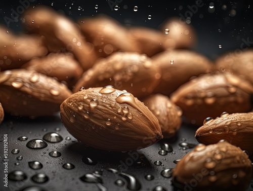 Fresh bunch of Almond seamless background, adorned with glistening droplets of water