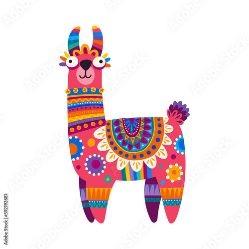 Alpaca with flowers, funny mexican animal with tribal accessories isolated on white. Vector cute llama of flowers, ethnic design baby character