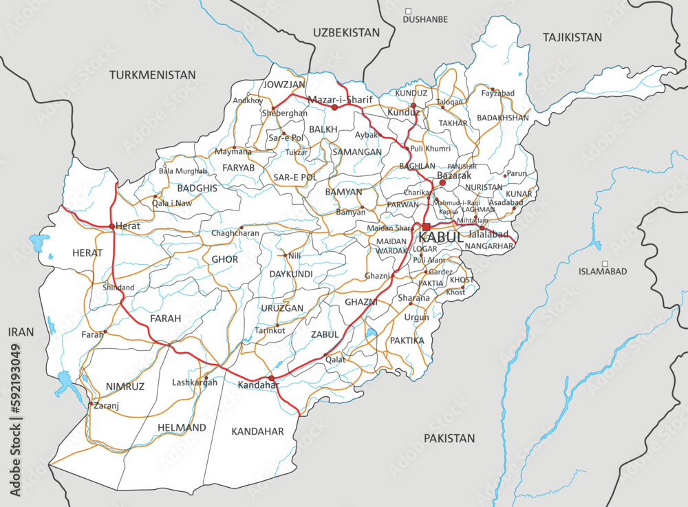 High detailed Afghanistan road map with labeling.