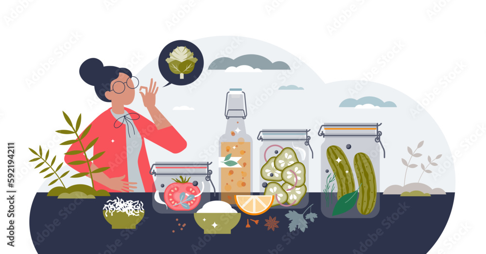 Fermented foods with healthy pickles and cabbage in jars tiny person