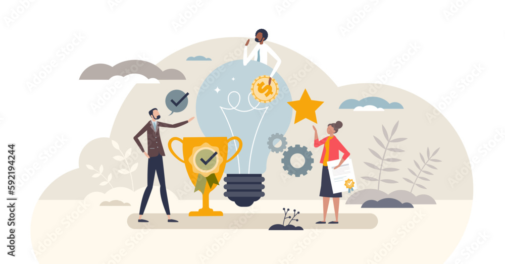 Employee recognition and rewards with motivation bonus tiny person concept, transparent background. Reward after successful professional job or excellent results illustration.