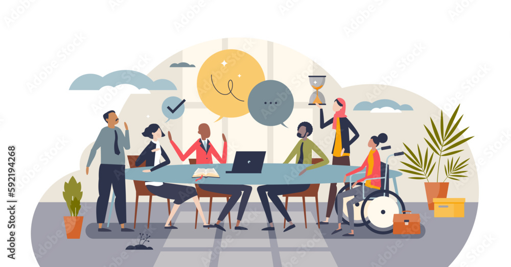 Diversity and inclusion in workplace as team acceptance tiny person concept, transparent background. Teamwork power with various ethnic, racial and culture groups illustration.