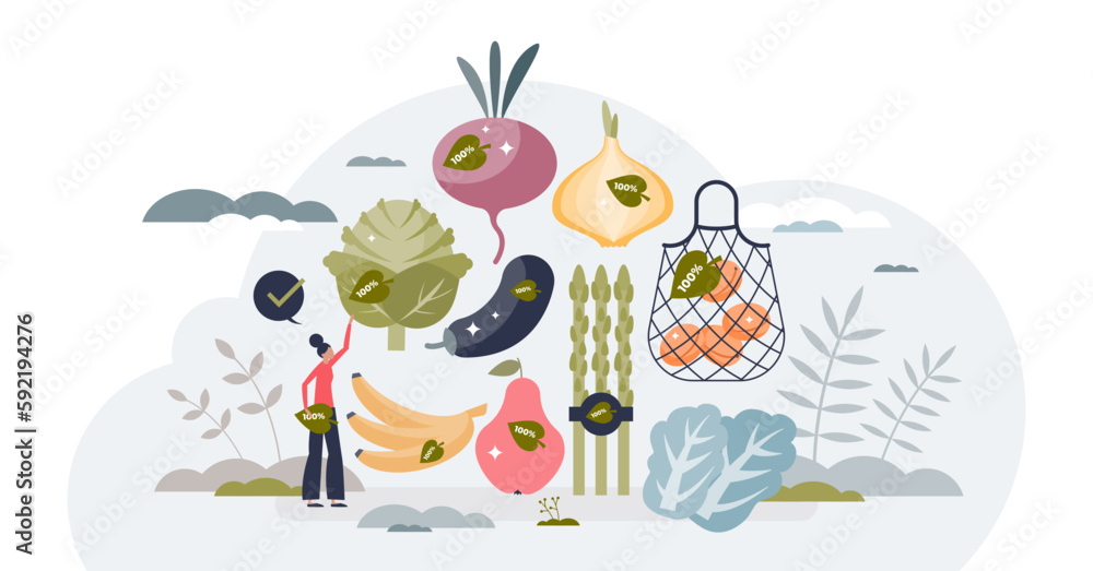 Organic food eating and ecological groceries shopping tiny person concept, transparent background. Natural bio vegetables and fruits consumption for healthy meals illustration.