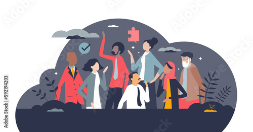 Diversity and inclusion in workplace with acceptance and integration tiny person concept, transparent background. Colleagues from various age, racial, ethnic and cultural society groups illustration.