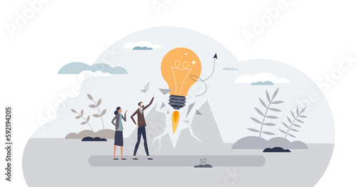 Disruptive innovation with breakthrough change effect tiny person concept, transparent background. Effective, fast and powerful product with creative project launch illustration.