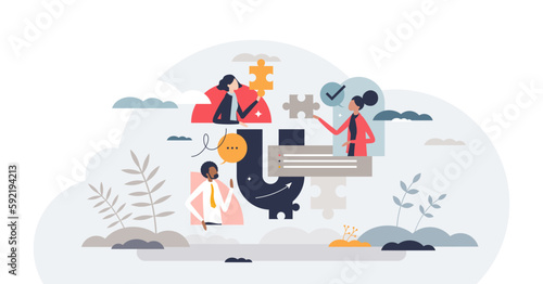 Cross functional team collaboration as effective teamwork tiny person concept, transparent background. Business cooperation and company group management for common project illustration.