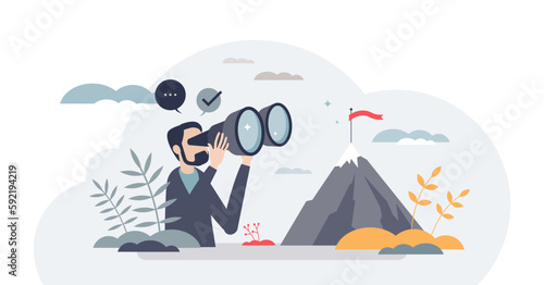 Focusing on target and business challenge objective tiny person concept, transparent background. Successful peak and top seeking illustration. Concentration on career future.