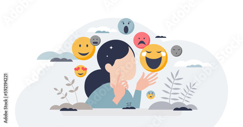 Emotional intelligence and ability to read emotions tiny person concept, transparent background. Psychological feeling with mental understanding about emotional expression illustration.