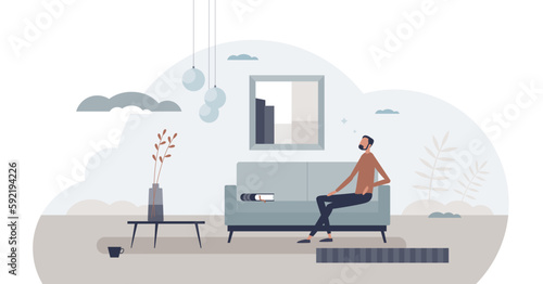 Minimalistic living lifestyle with empty looking home interior tiny person concept, transparent background. Design with simple and modern furniture and grey or beige walls illustration.