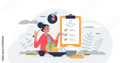 Meal planning as plan for effective food preparation tiny person concept, transparent background. Healthy eating with balanced vegetables, meat and vitamins intake for weight loss illustration.