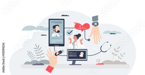 mHealth as mobile health care using wearable technology tiny person concept, transparent background.Devices for disease diagnostics or consultation with clinic doctor illustration.