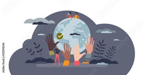 Environmental justice with worldwide ecology protection tiny person concept, transparent background. International nature friendly awareness and ethnic or racial social support illustration.