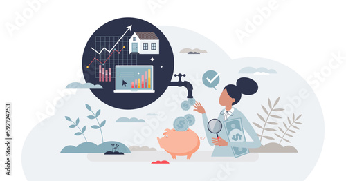 Passive income streams and money flow from property tiny person concept.