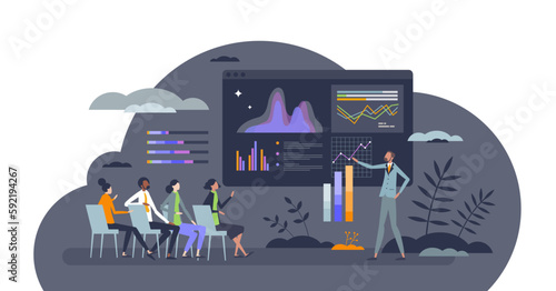 Data analysis presentation as research information report tiny person concept, transparent background. Business analytic charts, diagrams and graph as financial projection illustration.