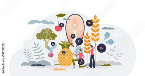 Functional foods for better health with wellness products tiny person concept  transparent background. Nutritional vitamin source from greens  grains and vegetables eating.