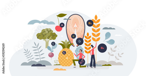 Functional foods for better health with wellness products tiny person concept, transparent background. Nutritional vitamin source from greens, grains and vegetables eating.