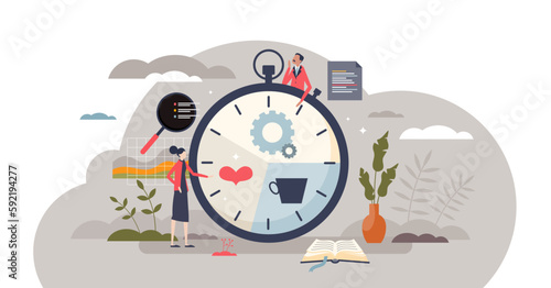 Time management tool for effective day plan and division tiny person concept, transparent background.Scheduled watch for personal, relax, work or relationship balance illustration.