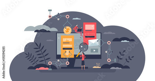 Accounting automation with efficient financial software tiny person concept, transparent background. Company money effective optimization with automatic calculations and digitization illustration.