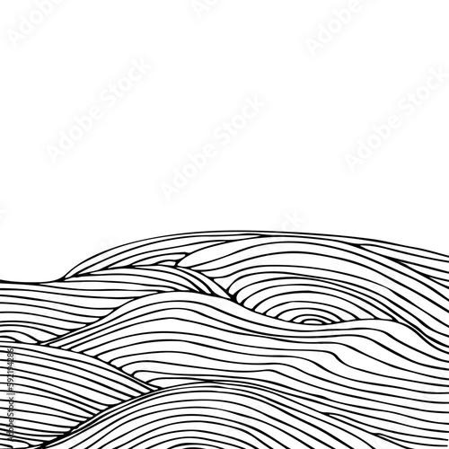 Simple minimalist wave pattern. Hand drawn graphic line art. Modern abstract  landscape. Monochrome black and white curly doodles