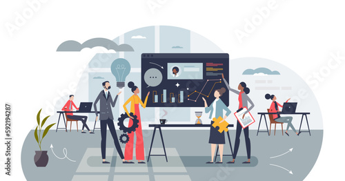 Cross functional team collaboration for common goal tiny person concept, transparent background. Different departments in organization come together for project illustration.