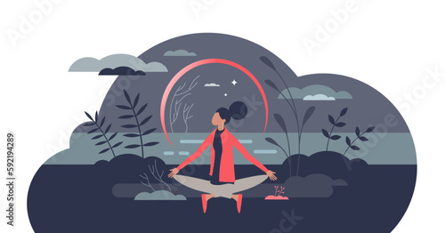 Mindfulness and emotional mind control with mental peace tiny person concept, transparent background. Calm meditation or yoga with lotus posture and breathing practice illustration.
