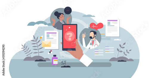 mHealth or mobile health as application using for health tiny person concept, transparent background. Smartphone as diagnostic device for illness record, checkup with doctor.