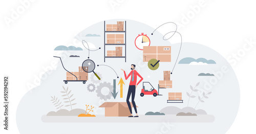 Inventory management and logistic work from warehouse tiny person concept, transparent background. Stock supply and storage order effective planning for shipping illustration.
