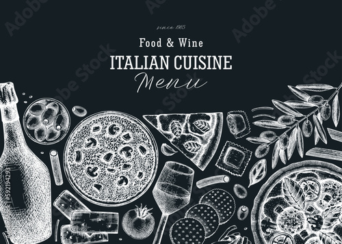 Hand drawn pizza, pasta, prosecco, risotto banner on chalkboard. Italian food and drinks vector background. Mediterranean cuisine ingredients illustrations. Vintage restaurant menu design template.